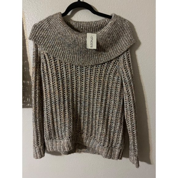 Chicos Sweater Gold Brown SIlver 1 Medium NWT Open Weave - Picture 2 of 8